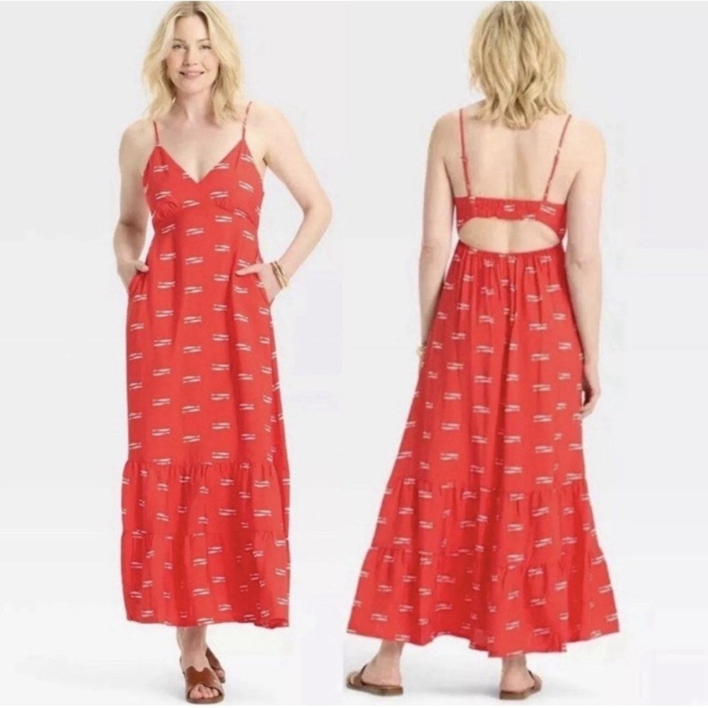 A New Day Strappy Tiered Maxi Dress Red Fish Print Womens XL Coastal Boho Resort